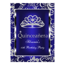 Quinceanera 15th Party Dark Blue Damask Silver Custom Invitation