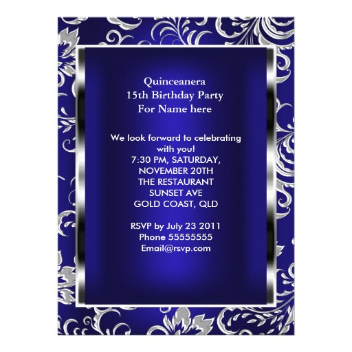 Quinceanera 15th Party Dark Blue Damask Silver Custom Invitation