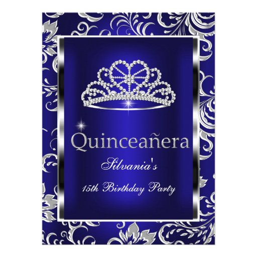 Quinceanera 15th Party Dark Blue Damask Silver Custom Invitation