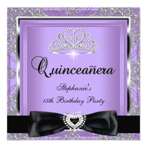 Quinceanera 15th Party Lilac Damask Silver Black Invitation