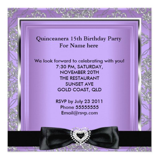 Quinceanera 15th Party Lilac Damask Silver Black Invitation