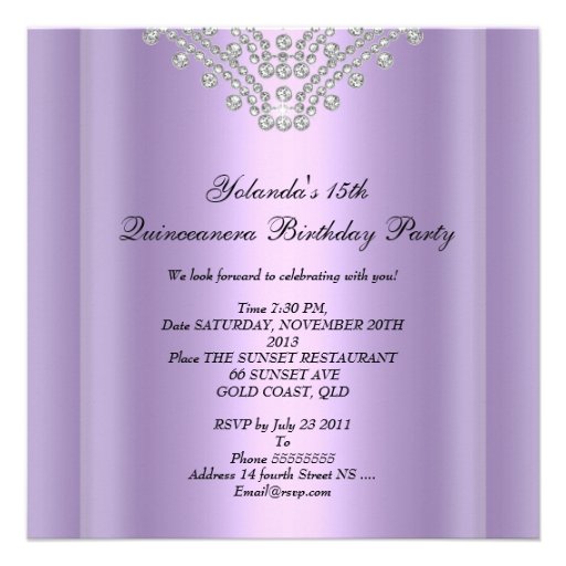 Quinceanera 15th Party Lilac Purple White Diamond Personalized Announcements