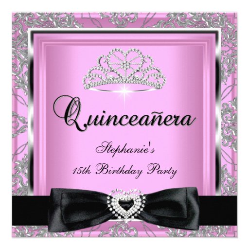 Quinceanera 15th Party Pink Damask Silver Black Personalized Invitation