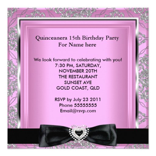 Quinceanera 15th Party Pink Damask Silver Black Personalized Invitation