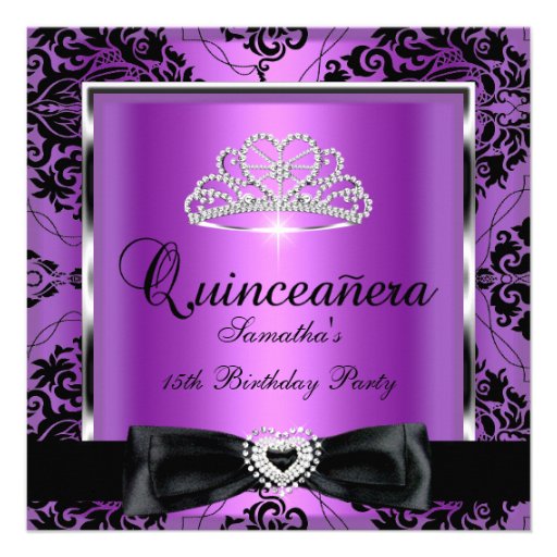 Quinceanera 15th Party Purple Damask Silver Black Personalized Invitation