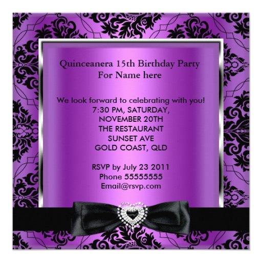 Quinceanera 15th Party Purple Damask Silver Black Personalized Invitation