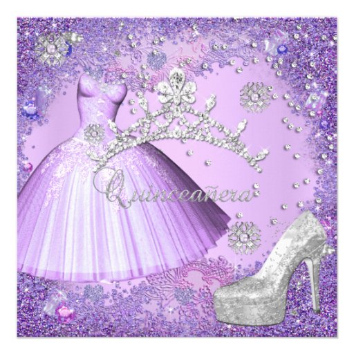 Quinceanera 15th Party Purple Tiara Dress Shoe Custom Invite