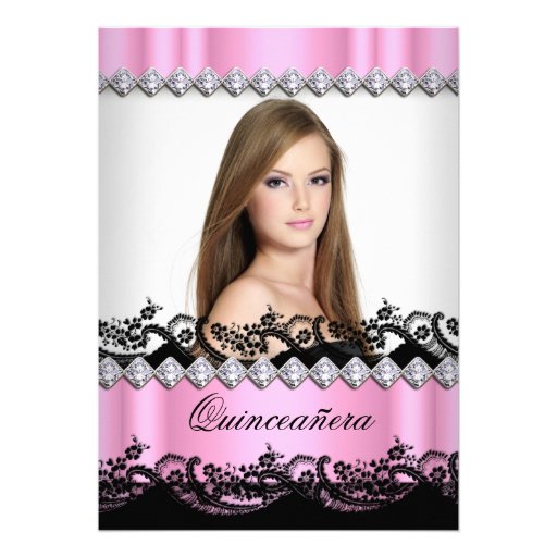 Quinceanera 15th Pink Black White Lace Photo Custom Invitation