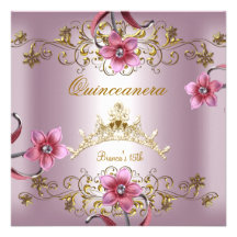Quinceanera 15th Pink Flowers Gold Tiara Announcements