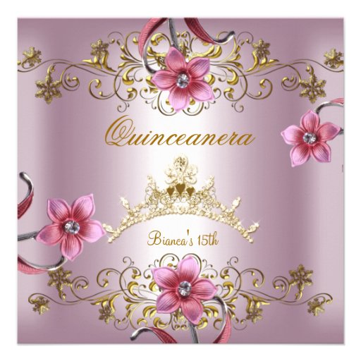 Quinceanera 15th Pink Flowers Gold Tiara Announcements