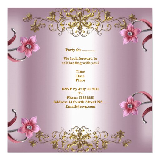Quinceanera 15th Pink Flowers Gold Tiara Announcements