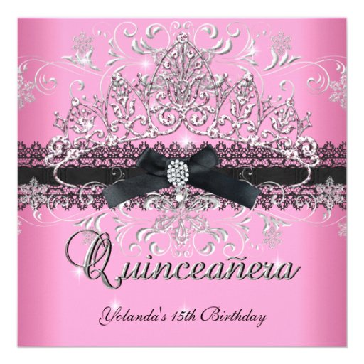 Quinceanera 15th Pink Glitter Tiara Black Bow Custom Invitation