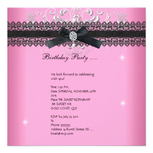 Quinceanera 15th Pink Glitter Tiara Black Bow Custom Invitation