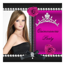 Quinceanera 15th Pink Rose Black Photo invitations