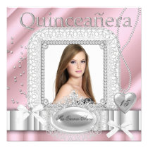 Quinceanera 15th Pink White Lace Pearl Photo invitations