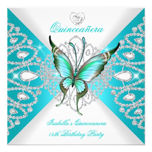 Quinceanera 15th Pretty Teal Blue Butterfly Tiara Personalized Invitation (front side)