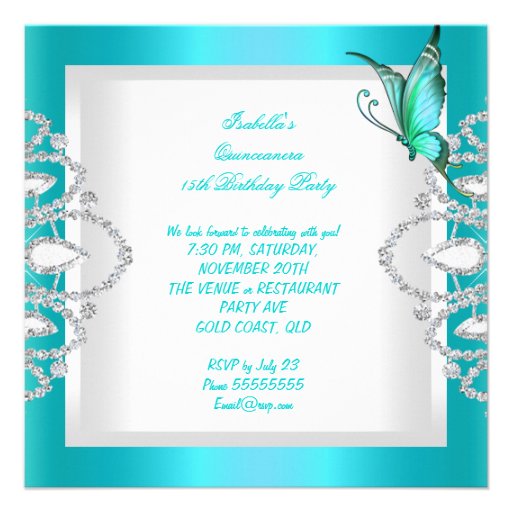 Quinceanera 15th Pretty Teal Blue Butterfly Tiara Personalized Invitation