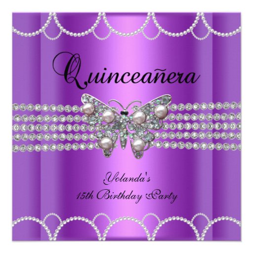 Quinceanera 15th Purple Butterfly Pearl Lace Announcement