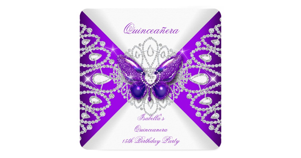 Quinceanera 15th Purple Butterfly Tiara Party 2 Card Zazzle