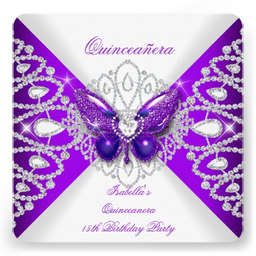 Quinceanera 15th Purple Butterfly Tiara Party 2 Custom Invitations