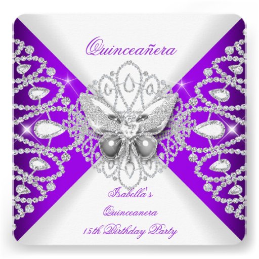 Quinceanera 15th Purple Butterfly Tiara Party Personalized Invitation