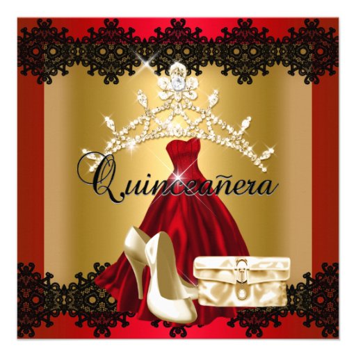 Quinceanera 15th Red Black Gold Diamond Tiara Custom Invitations