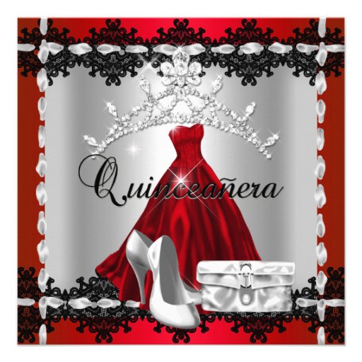 Quinceanera 15th Red Black Silver Diamond Tiara Invites