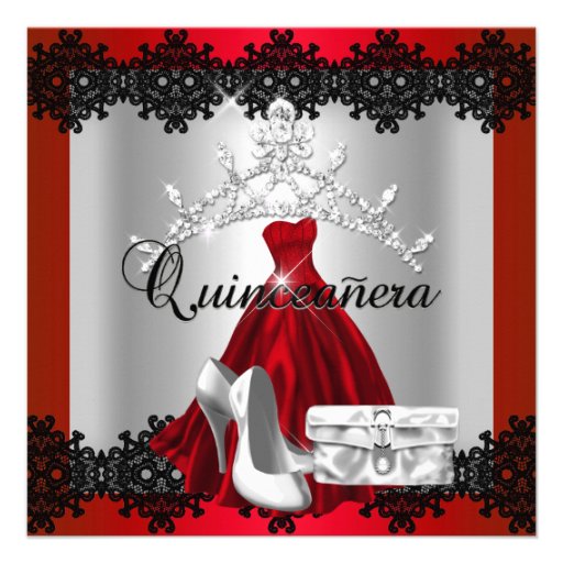 Quinceanera 15th Red Black Silver Diamond Tiara Personalized Announcements