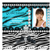 Quinceanera 15th Teal Black Zebra Pearl Tiara Custom Invites