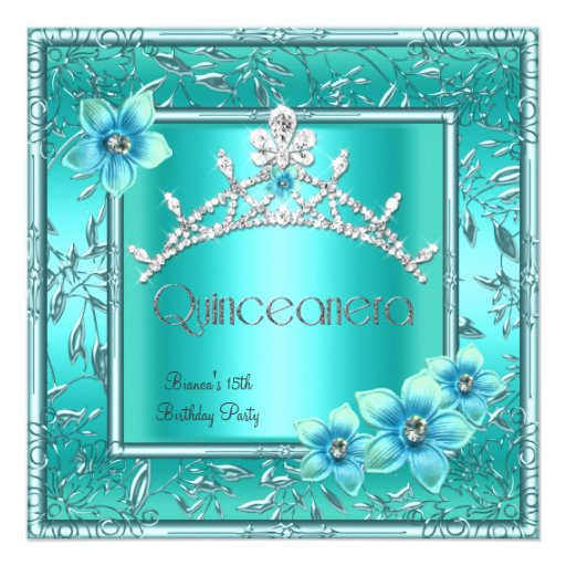 Quinceanera 15th Teal Blue Flower Silver Tiara Custom Invite
