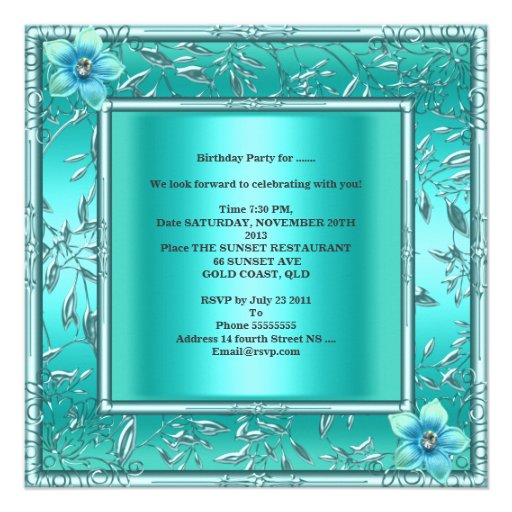 Quinceanera 15th Teal Blue Flower Silver Tiara Custom Invite