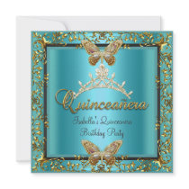 Quinceañera 15th Teal Blue Gold Butterfly Personalized Announcement