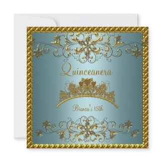 Quinceanera 15th Teal Blue Gold Tiara invitation Quinceanera 15th Teal Blue Gold Tiara invitation