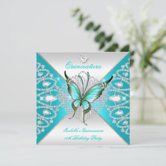 Quinceanera 15th Teal Blue Silver Butterfly Tiara Invitation Zazzle