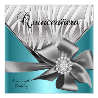 Quinceanera 15th Teal Blue Silver Grey Bow Custom Invitation (10-pack)