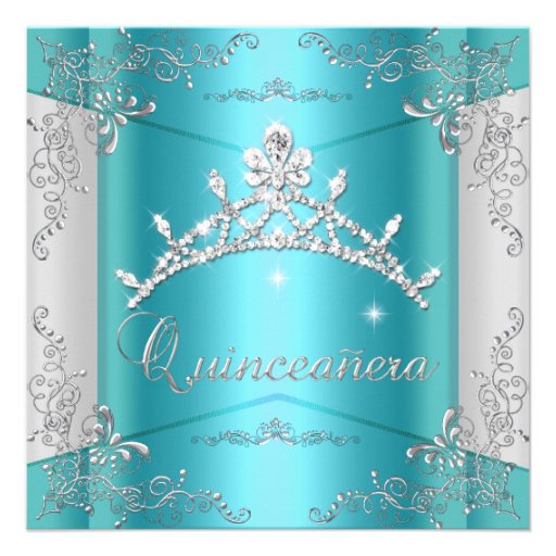 Quinceanera 15th Teal Blue Silver Tiara Custom Invite
