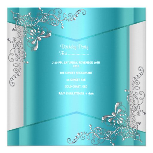 Quinceanera 15th Teal Blue Silver Tiara Custom Invite