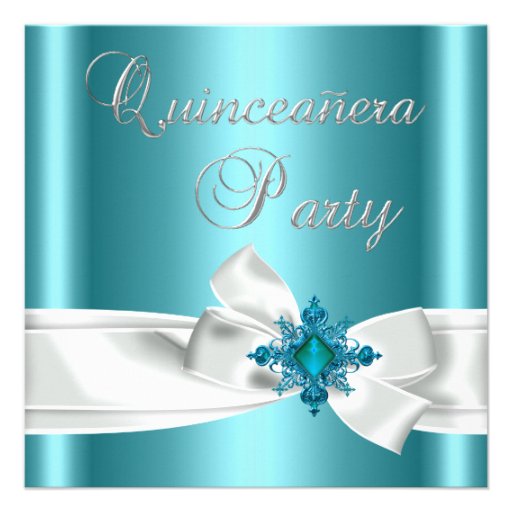 Quinceanera 15th Teal Blue Silver White Bow Custom Invitations (front side)