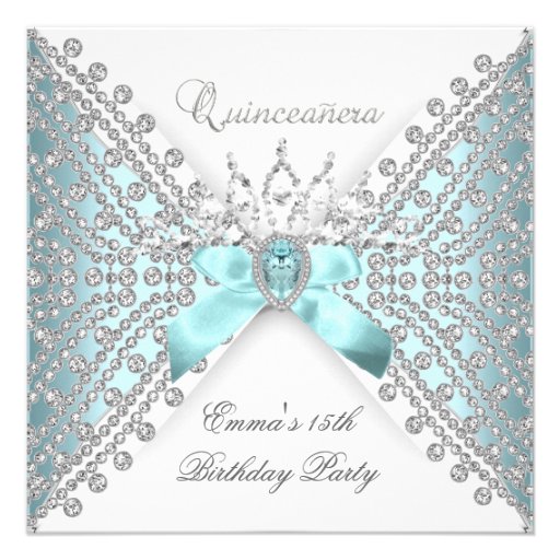 Quinceanera 15th Teal Blue Silver White Diamond Personalized Invites