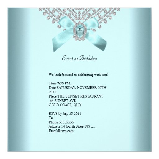 Quinceanera 15th Teal Blue Silver White Diamond Personalized Invites