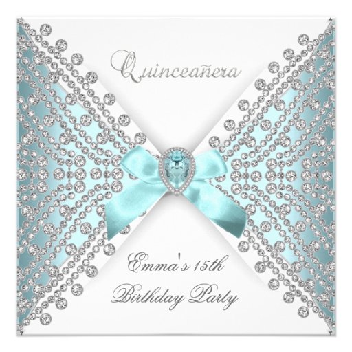 Quinceanera 15th Teal Blue Silver White Diamond Personalized Announcements