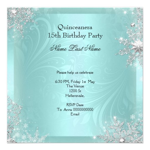 Quinceanera 15th Teal Silver Birthday Party Personalized Invites