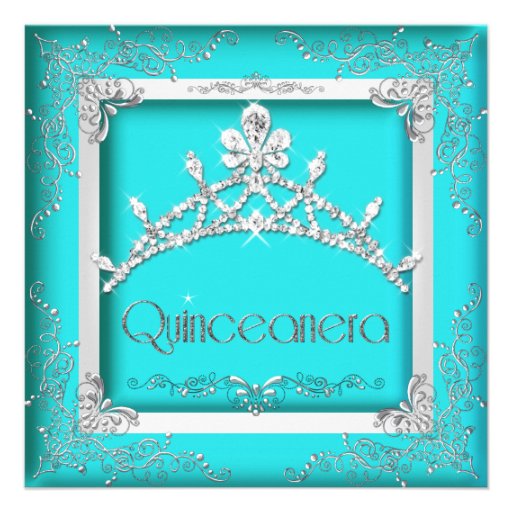 Quinceanera 15th Turquoise Silver Tiara 15 Party Personalized Invitation