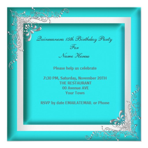 Quinceanera 15th Turquoise Silver Tiara 15 Party Personalized Invitation