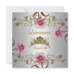 Quinceanera 15th White Pink Flowers Gold Tiara Personalized Invitation