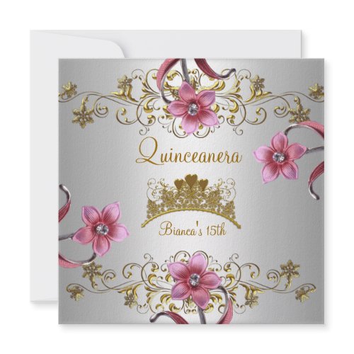 Quinceanera 15th White Pink Flowers Gold Tiara invitations
