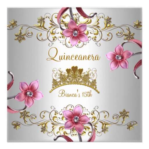 Quinceanera 15th White Pink Flowers Gold Tiara Personalized Invitation (front side)