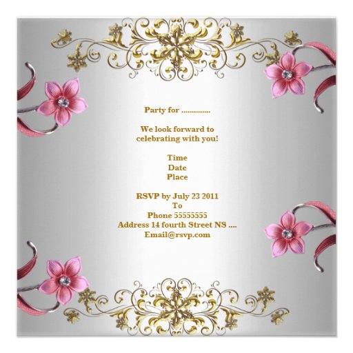 Quinceanera 15th White Pink Flowers Gold Tiara Personalized Invitation