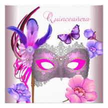 Quinceanera 15th White Pink  Purple Mask Announcements