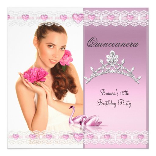 Quinceanera 15th White Pink Swans Tiara Photo Announcement